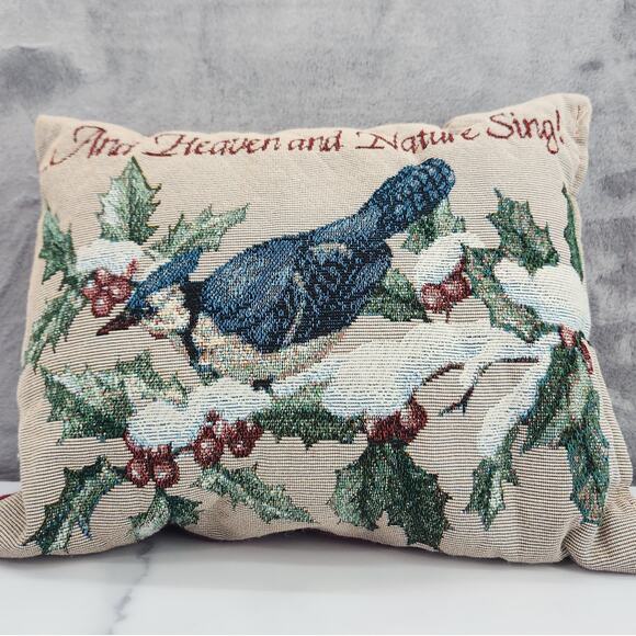 Blue Bird tapestry pillow 'And Heaven and Nature Sing' 11" X 9" winter scene - Picture 2 of 6